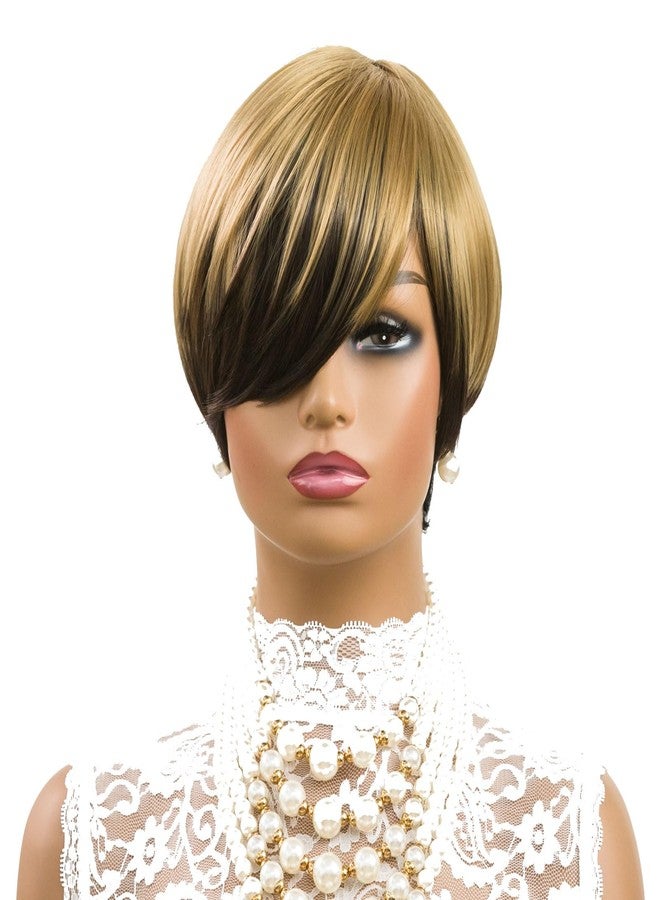 MOONSHOW Short Pixie Cut Wigs for Black Women Ombre Blonde Pixie Cut Wig Straight 1B/4/27 Color Short Bob Wig with Bangs Synthetic Blonde Hair Pixie Wigs for Black Women - Image 2